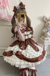 チョコレートブラウンクリームマルチレイヤー水玉プリントフリル蝶結びスウィートロリータJSKドレス